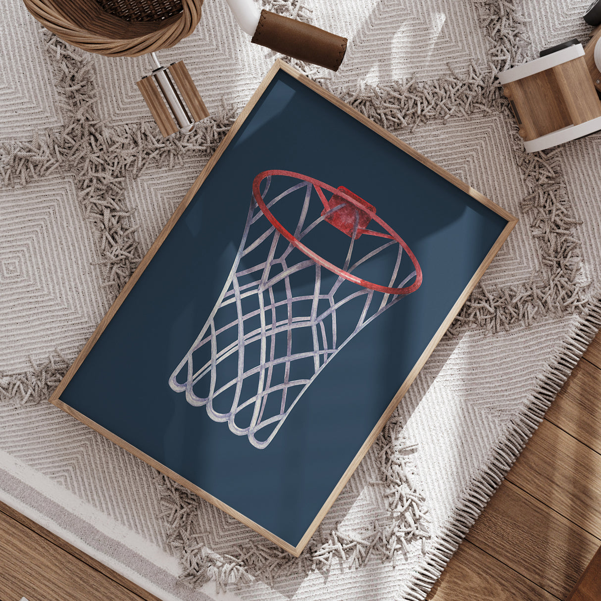 Watercolor Basketball Hoop Art – Hoop and Net on Faded Navy Background