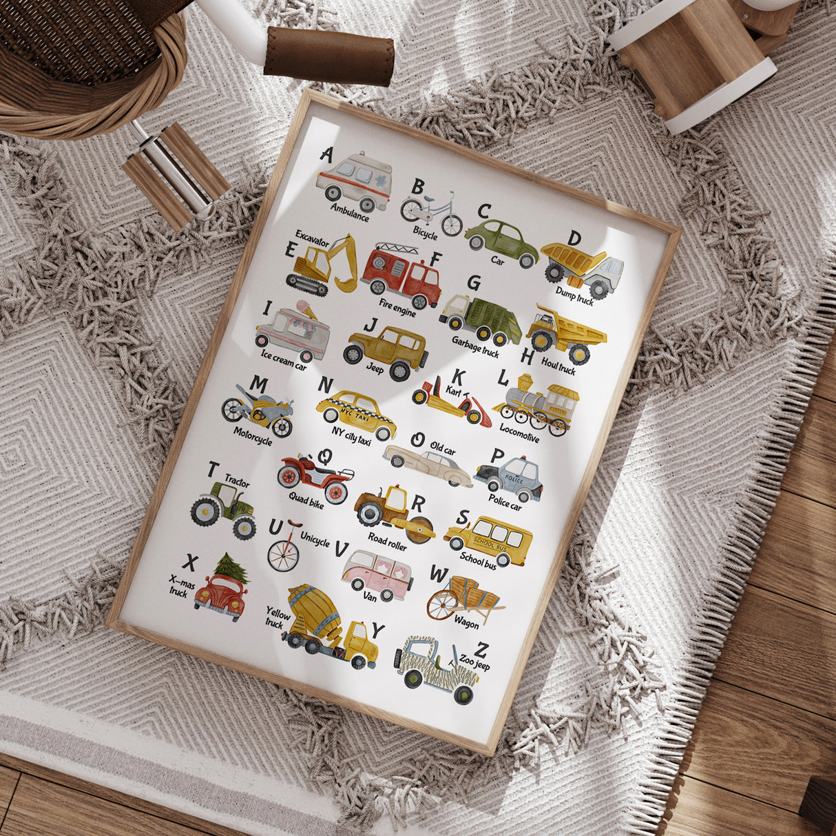 A to Z Vehicles Alphabet Wall Art – Transportation Themed Kids Room Decor