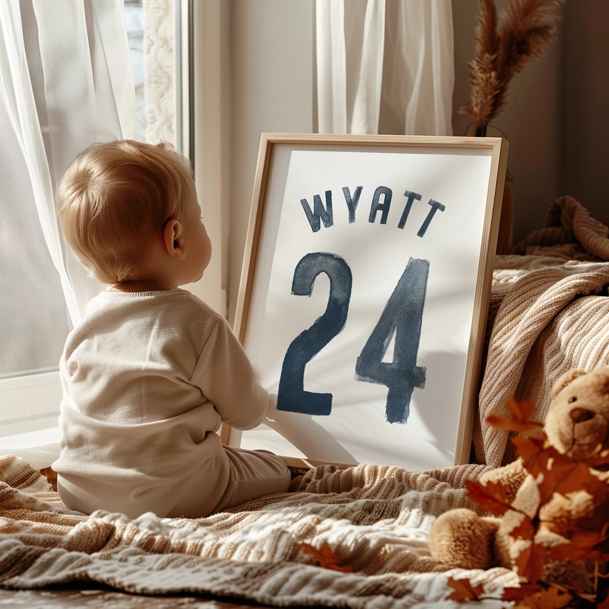 Personalized Watercolor Name and Number Nursery Wall Art – Faded Navy Design