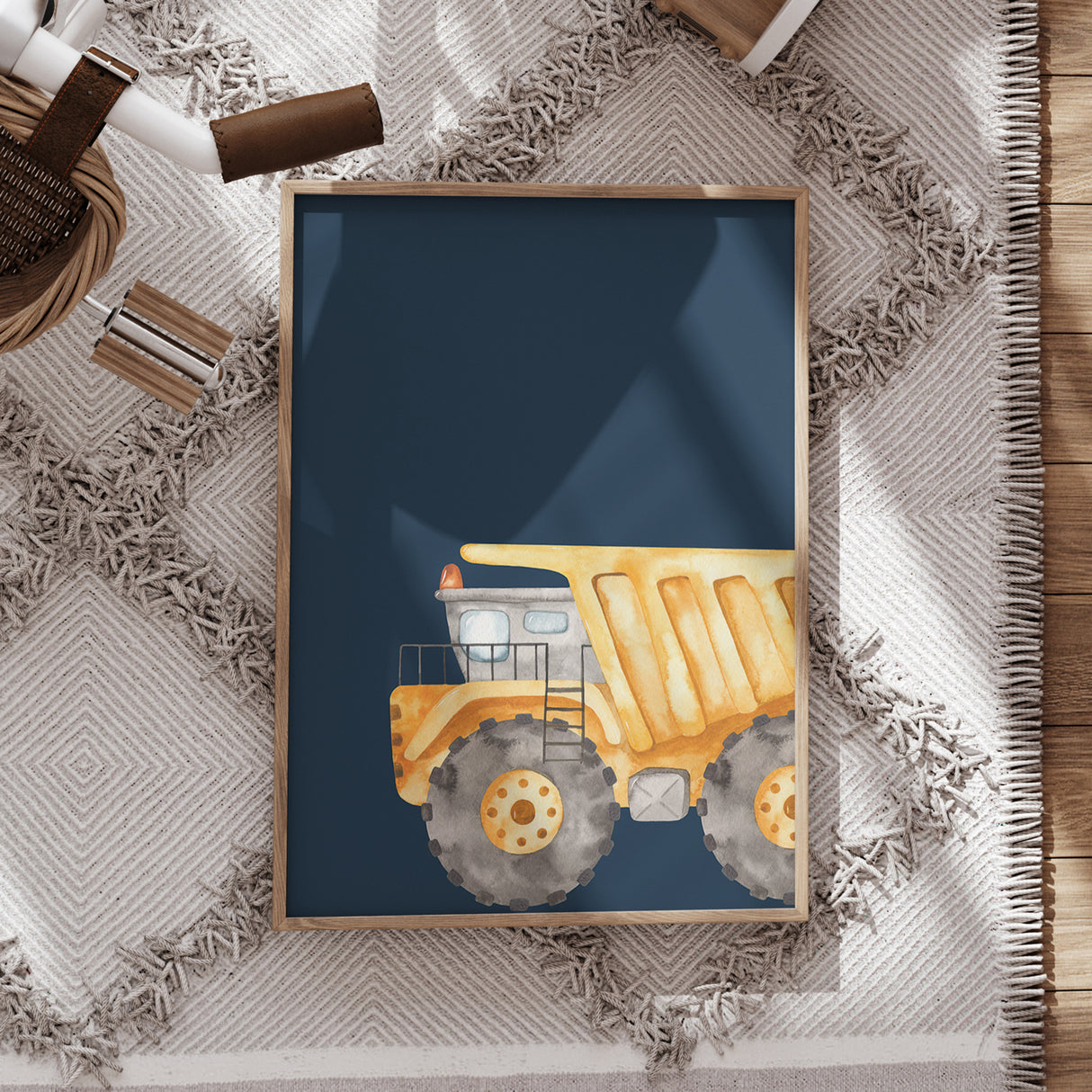 Watercolor Dump Truck Nursery Wall Art – Yellow Truck on Faded Navy Background