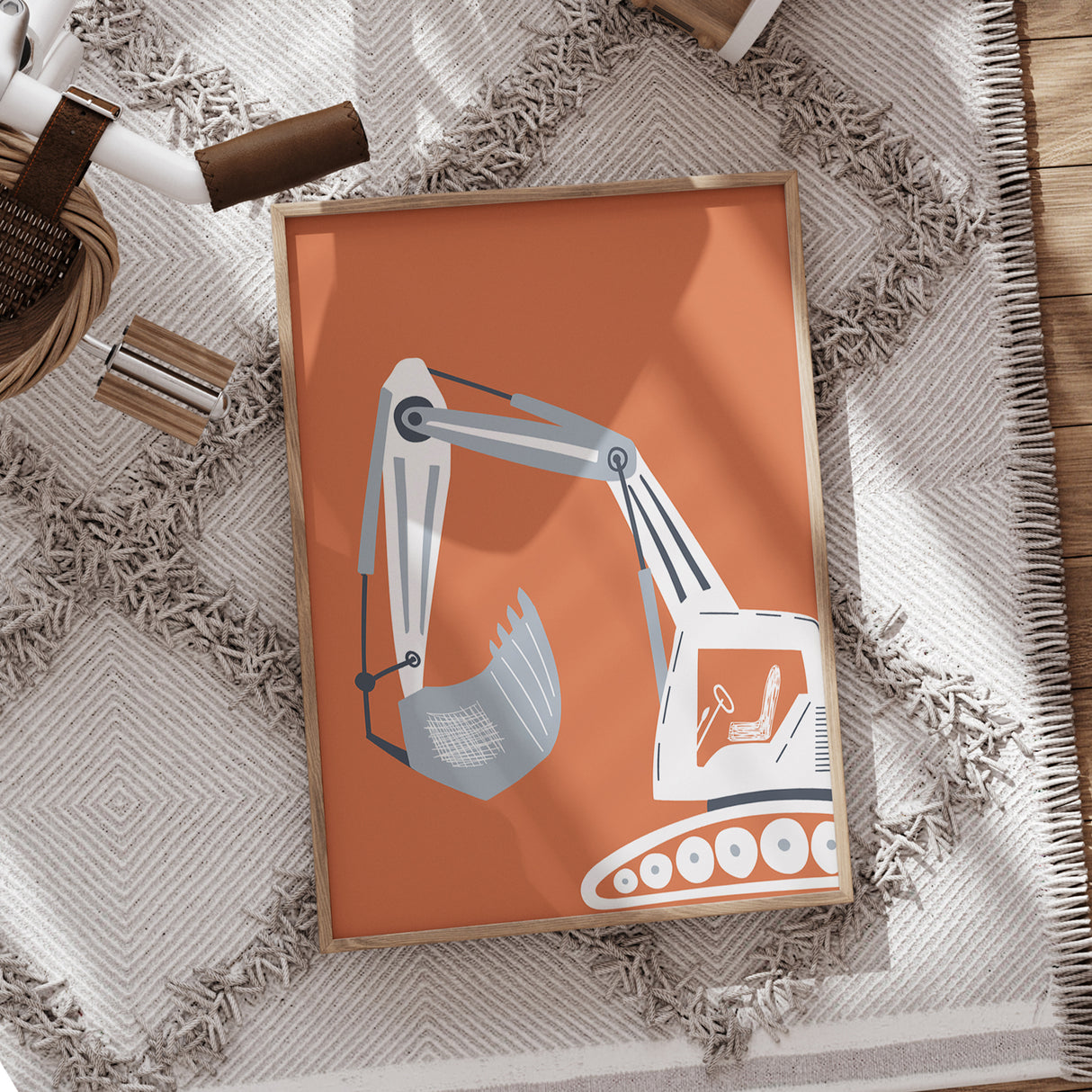 Modern Excavator Nursery Wall Art – Sunset Color Background