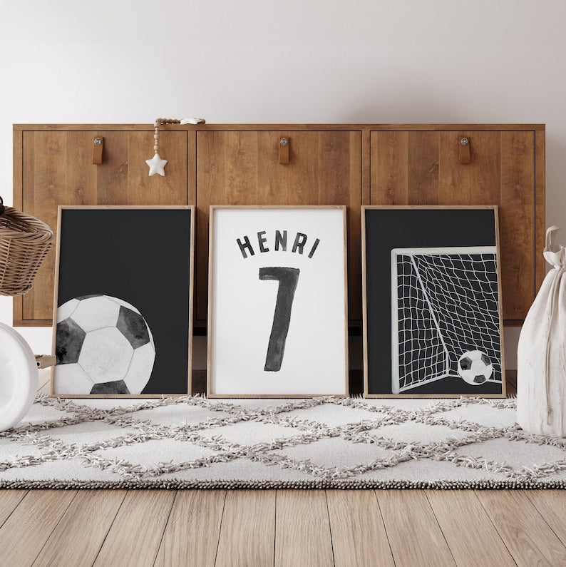 Soccer Black Watercolor - Set of 3 Posters