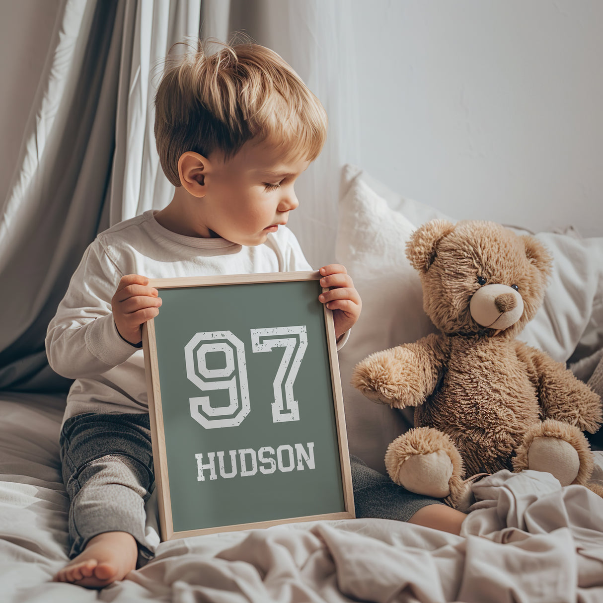 Personalized Hockey Name and Number Nursery Wall Art – Muted Green Design