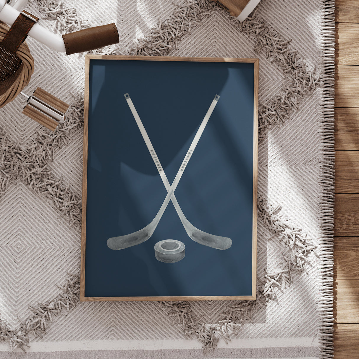 Watercolor Hockey Sticks and Puck Wall Art – Faded Navy Background