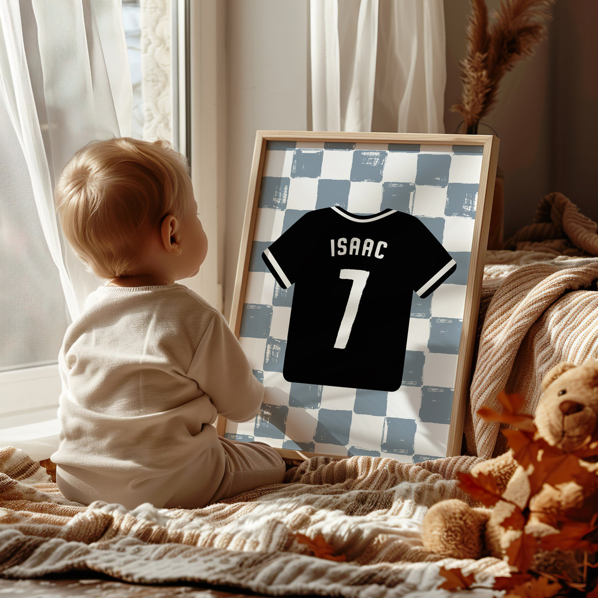 Personalized Jersey Art Print – Custom Name & Number on River Blue Checkered Background