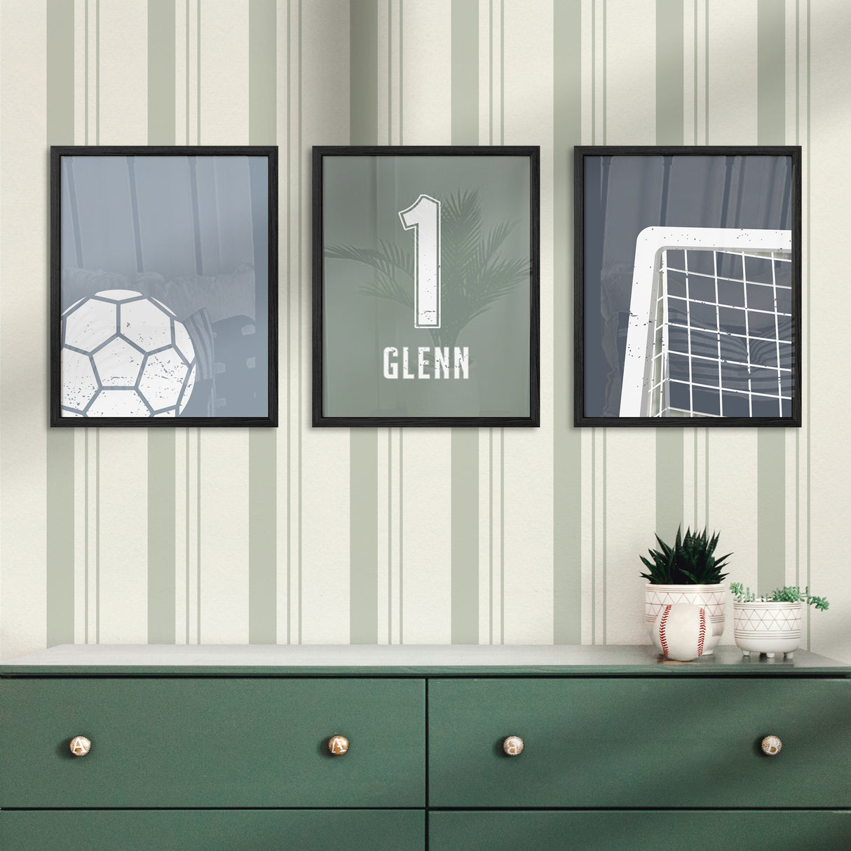 Minimalist Soccer Wall Art Set – Custom Jersey, Ball & Goal Prints