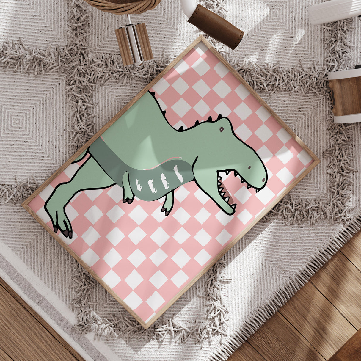 Playful T-Rex Wall Art – Pink Checkered Dinosaur Decor