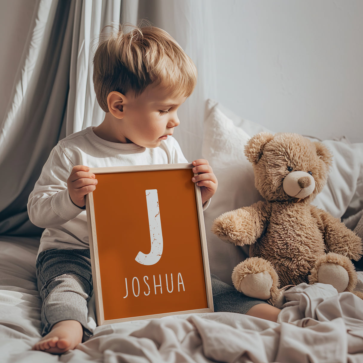 Custom Name and Letter Art in Rustic Orange – Personalized Kids' Decor