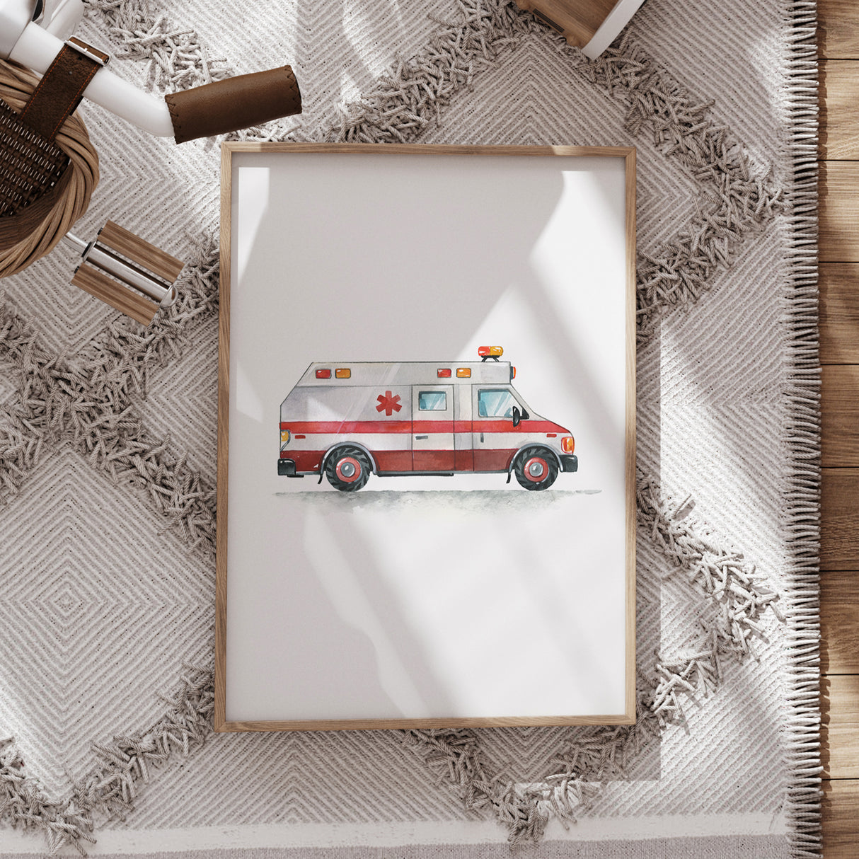 Watercolor Ambulance Print – Rescue Vehicle Wall Art for Kids