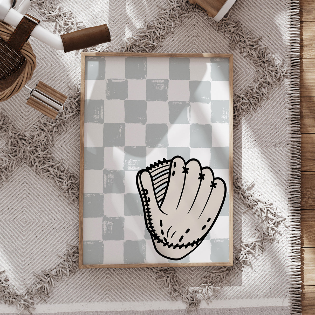 Baseball Glove Poster with Checkerboard Background – Kids’ Sports Wall Art