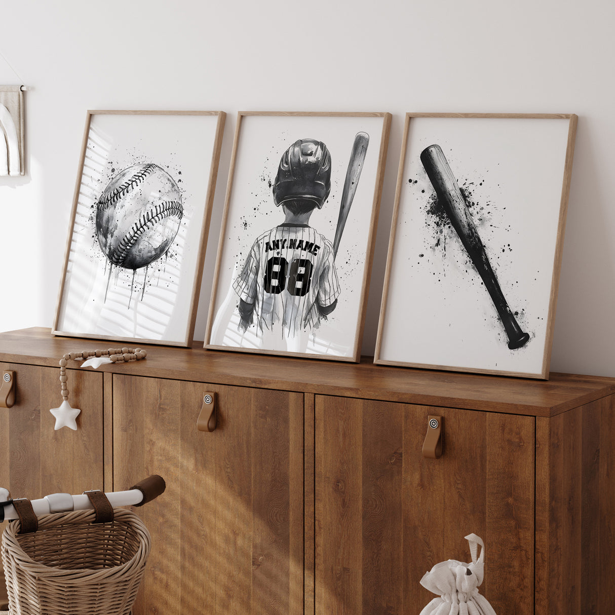 Custom Baseball Wall Art Set of 3 – Personalized Name & Number Sports Decor