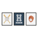 Baseball Wall Art Set – Custom Initial, Bats & Glove Prints - threeowlsnook