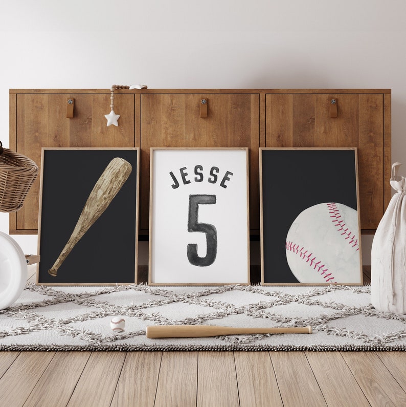 Baseball Faded Black Watercolor - Set of 3 Posters