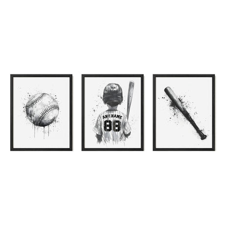 Black & White Baseball Wall Art – Custom Jersey, Ball & Bat Prints - threeowlsnook
