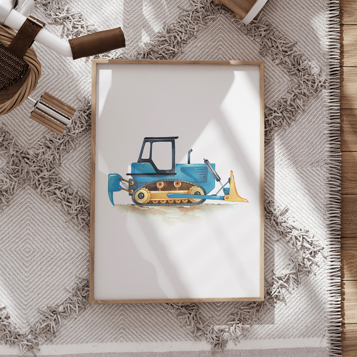 Blue Bulldozer – Watercolor Construction Print for Kids' Rooms