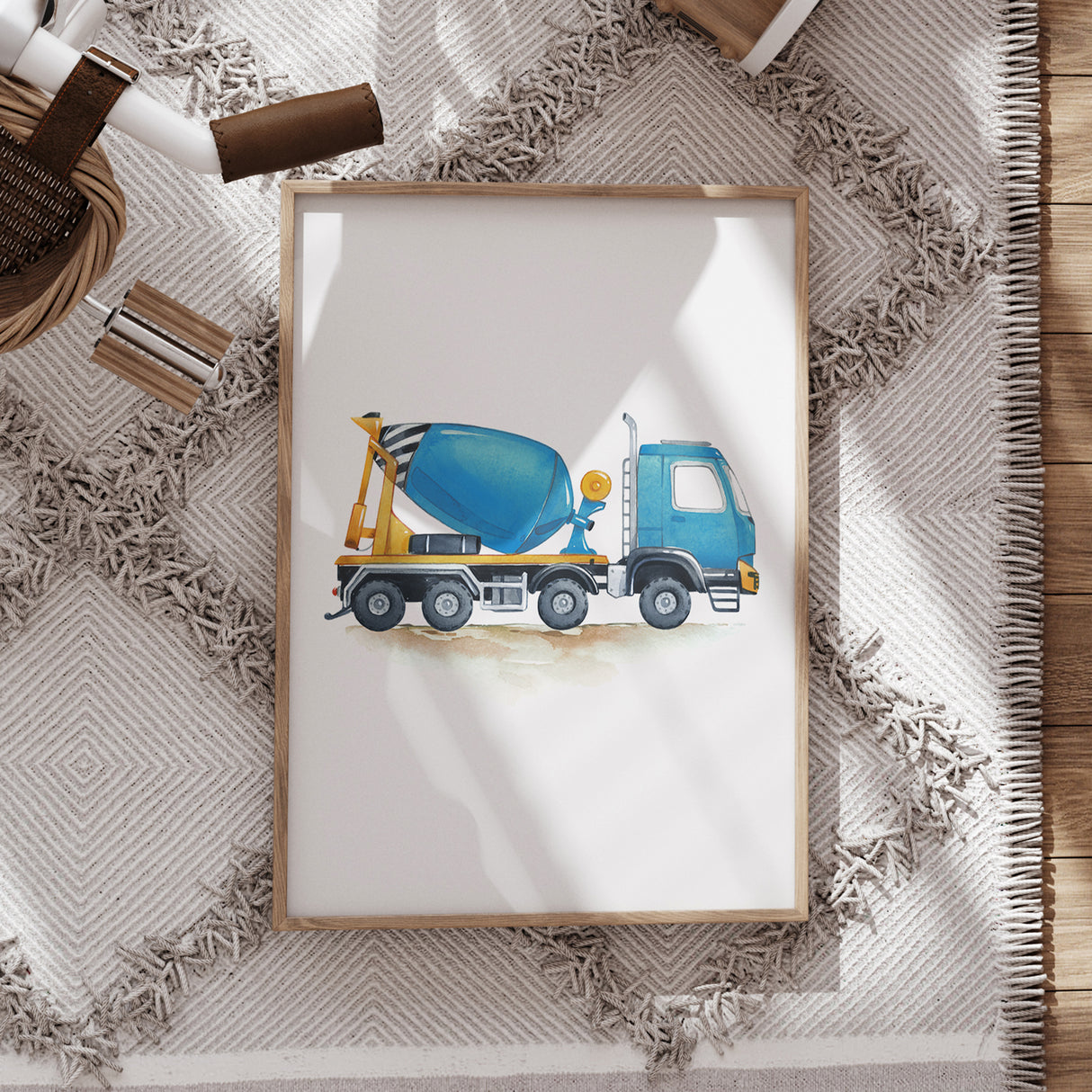 Blue Cement Mixer Truck – Watercolor Print for Kids’ Rooms