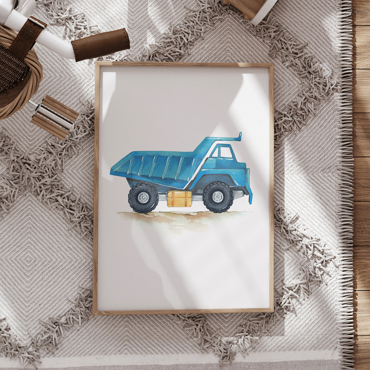 Blue Dump Truck – Watercolor Construction Print for Kids’ Rooms