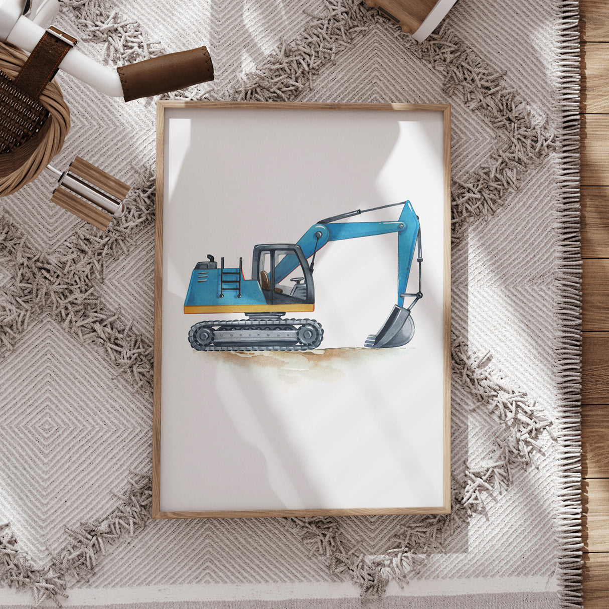 Blue Excavator – Watercolor Print for Kids’ Rooms