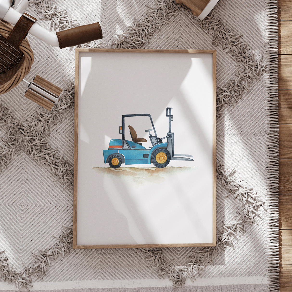 Blue Forklift – Watercolor Construction Print for Kids' Rooms