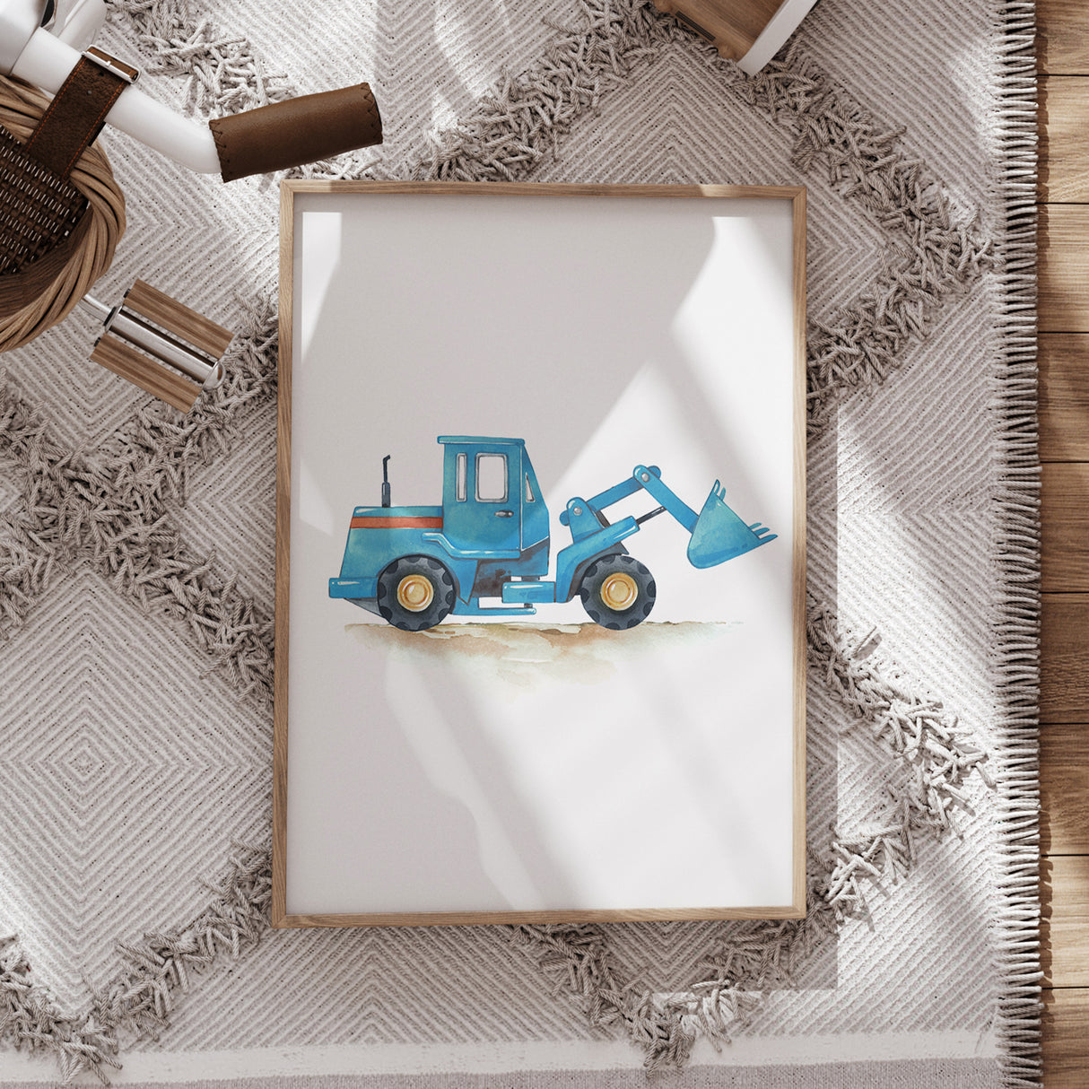 Blue Construction Loader – Watercolor Print for Kids’ Rooms