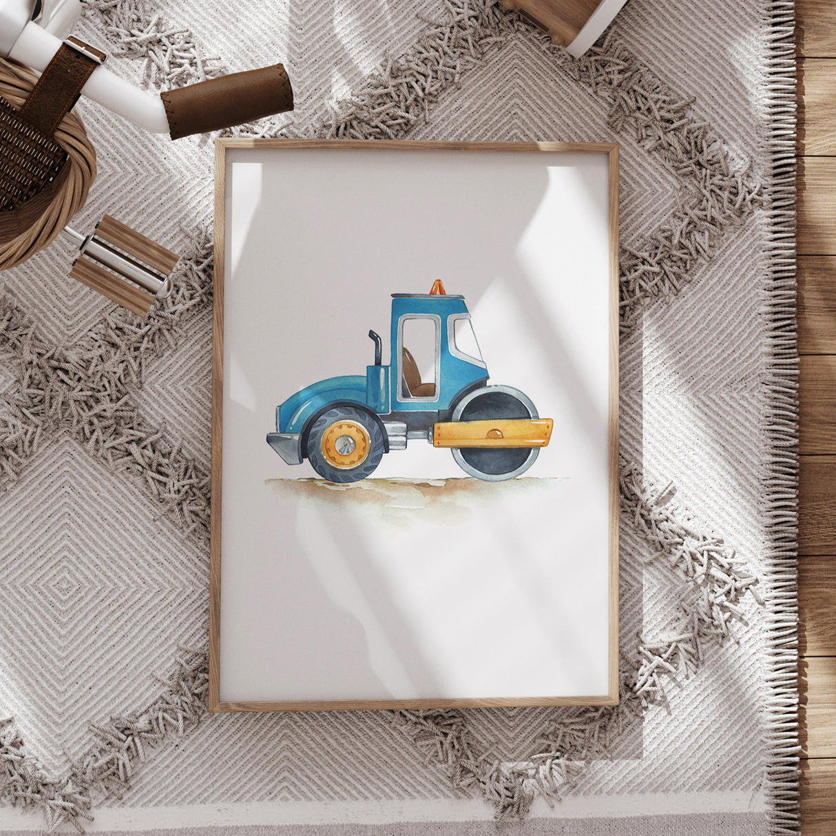 Blue Road Roller – Watercolor Construction Print for Kids' Rooms