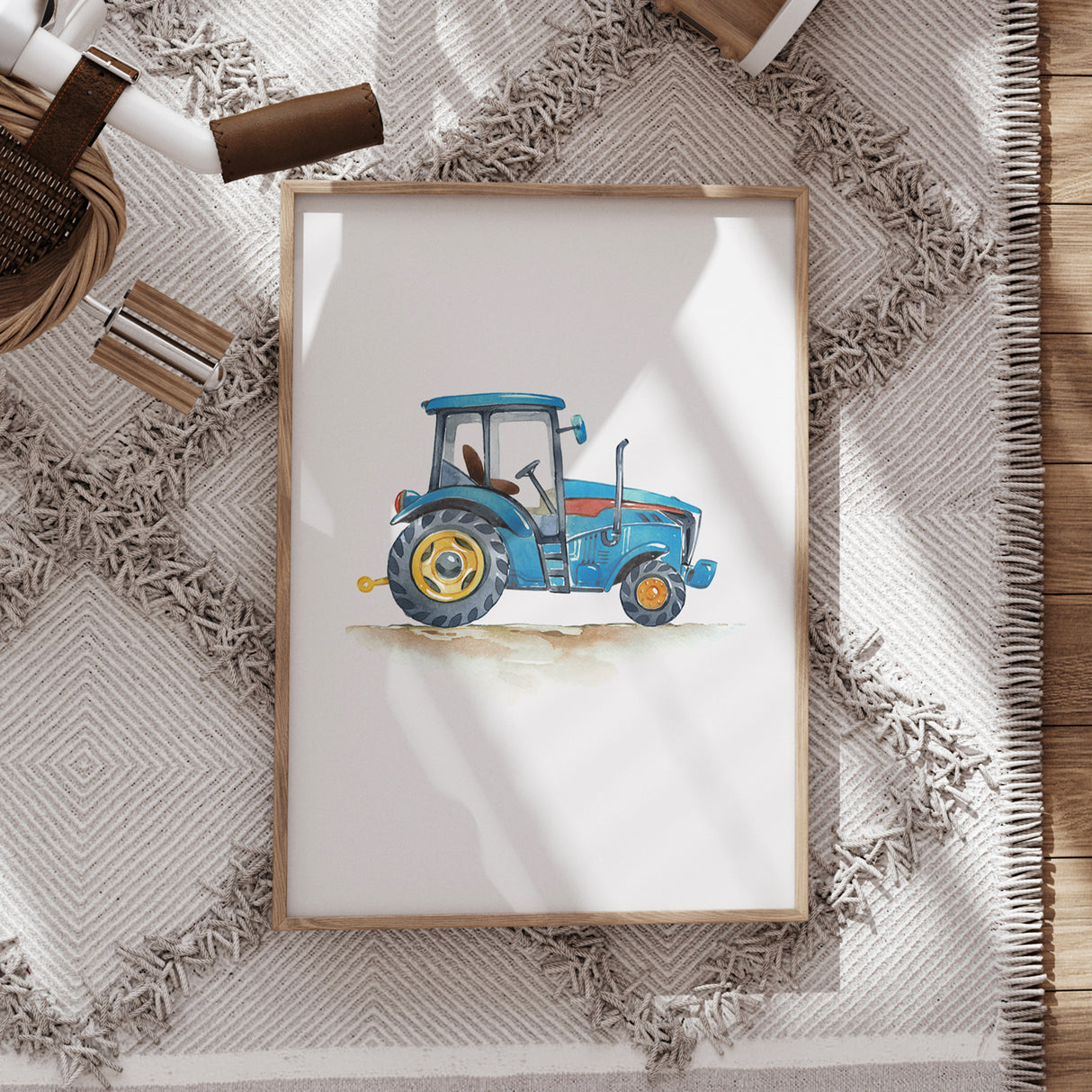 Blue Tractor – Watercolor Construction Print for Kids' Rooms