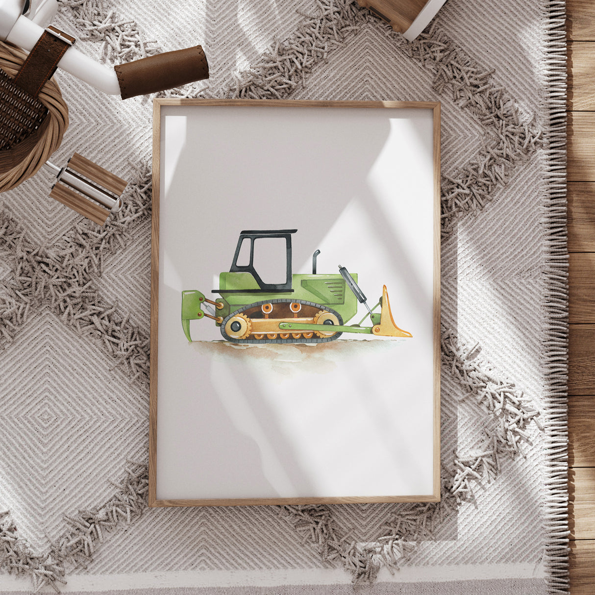 Green Bulldozer – Watercolor Construction Print for Kids' Rooms