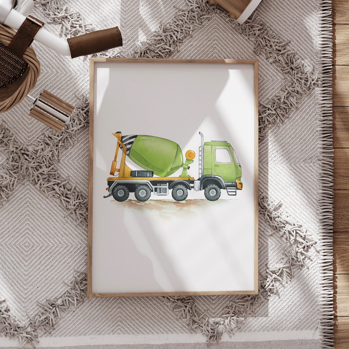 Green Cement Mixer Truck – Watercolor Print for Kids’ Rooms