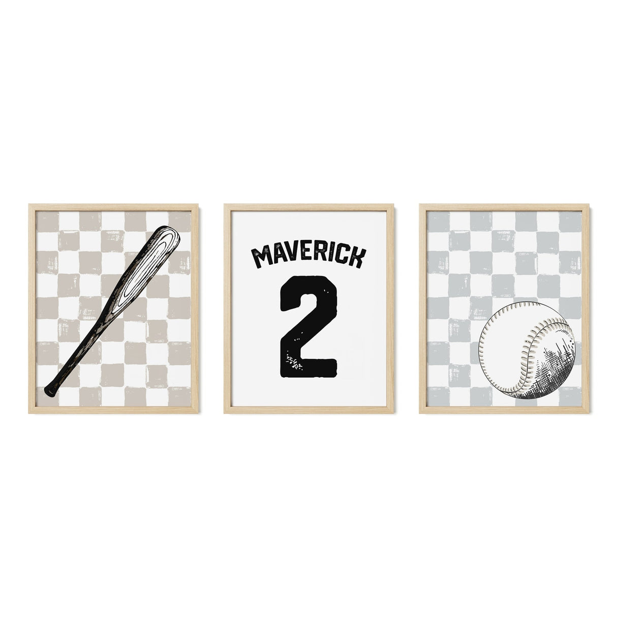 Checkered Baseball Wall Art – Custom Jersey, Bat & Ball Prints - threeowlsnook