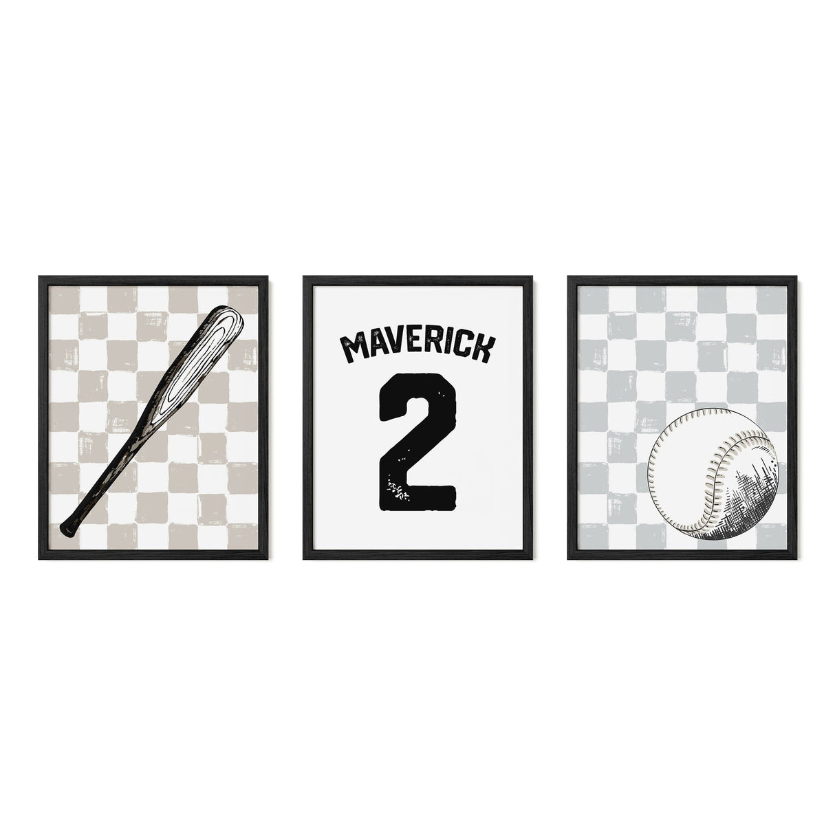 Checkered Baseball Wall Art – Custom Jersey, Bat & Ball Prints - threeowlsnook