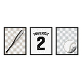 Checkered Baseball Wall Art – Custom Jersey, Bat & Ball Prints - threeowlsnook