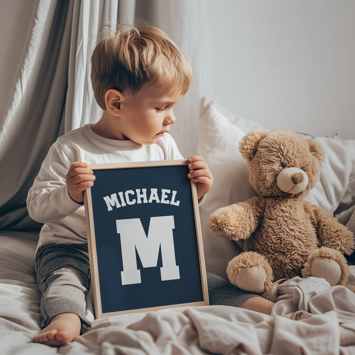 Custom Name and Letter Art in Faded Navy – Personalized Kids' Decor