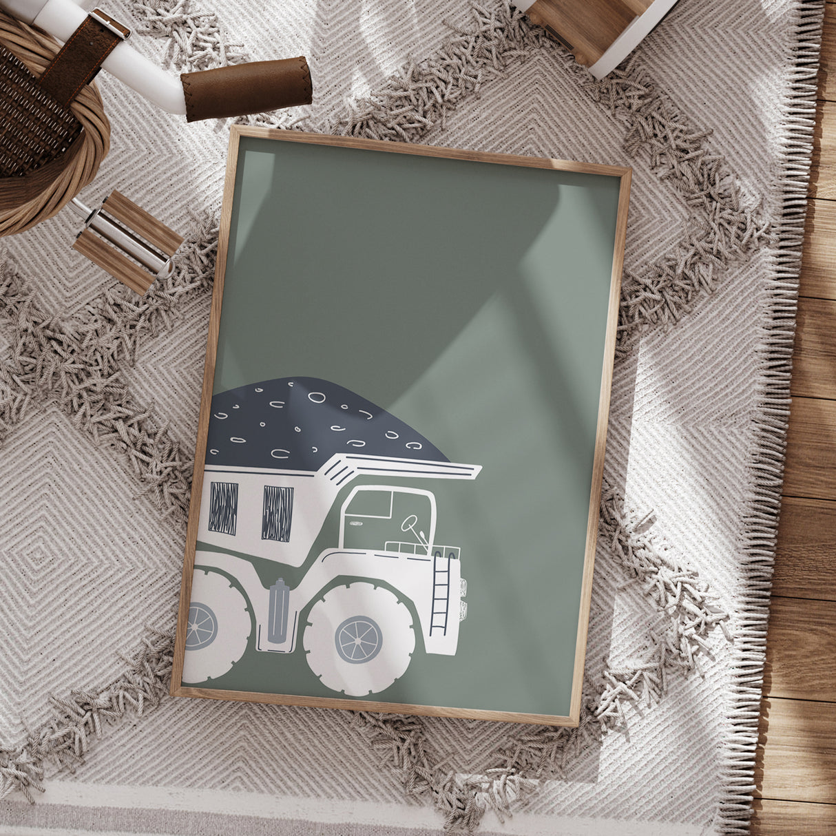 Modern Dump Truck Nursery Wall Art – Graphic Design on Muted Green Background