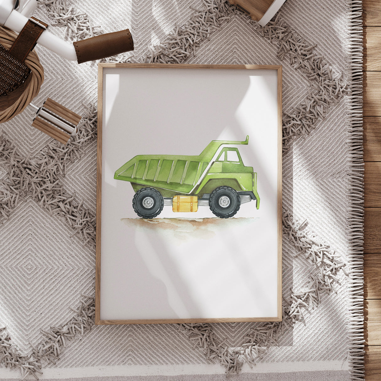 Green Dump Truck – Watercolor Construction Print for Kids’ Rooms