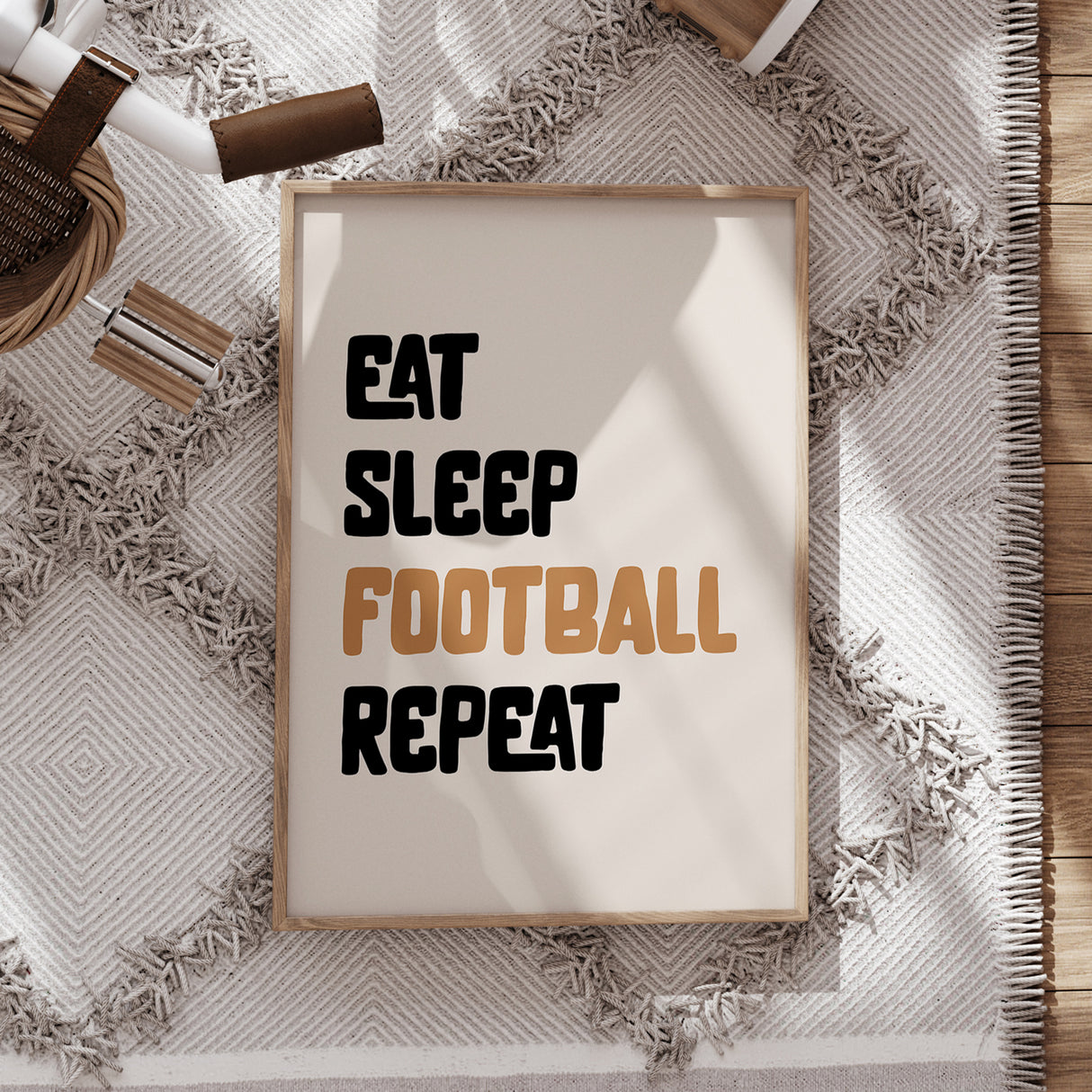 "Eat Sleep Football Repeat" Wall Art – Beige Background