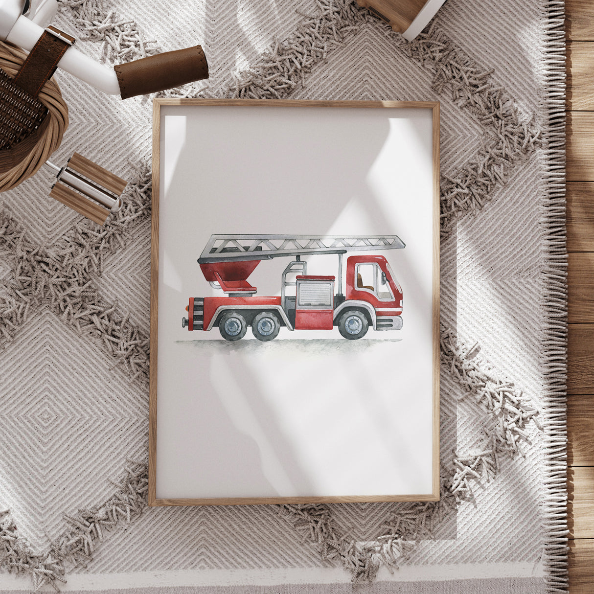 Watercolor Fire Truck Print – Heroic Rescue Vehicle Wall Art for Kids