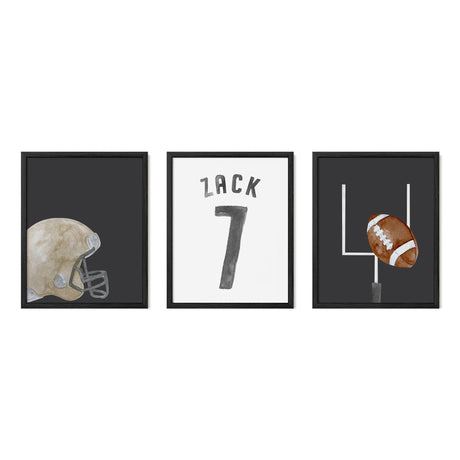 Football Wall Art Set – Custom Jersey, Helmet & Goal Post Prints - Faded Black - threeowlsnook