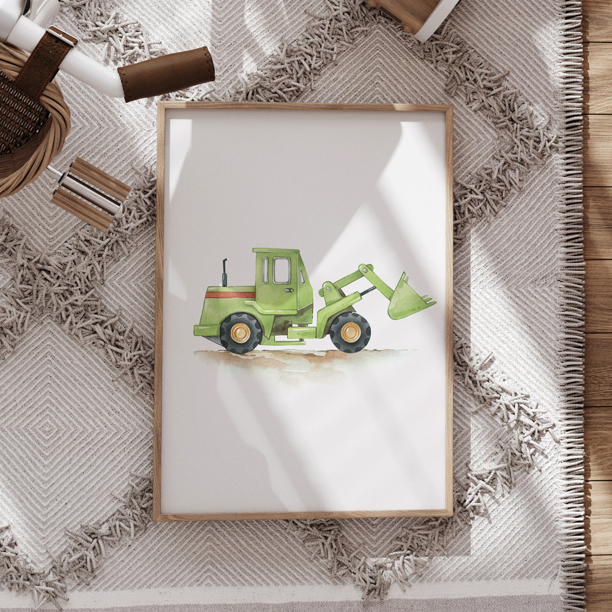 Green Construction Loader – Watercolor Print for Kids’ Rooms