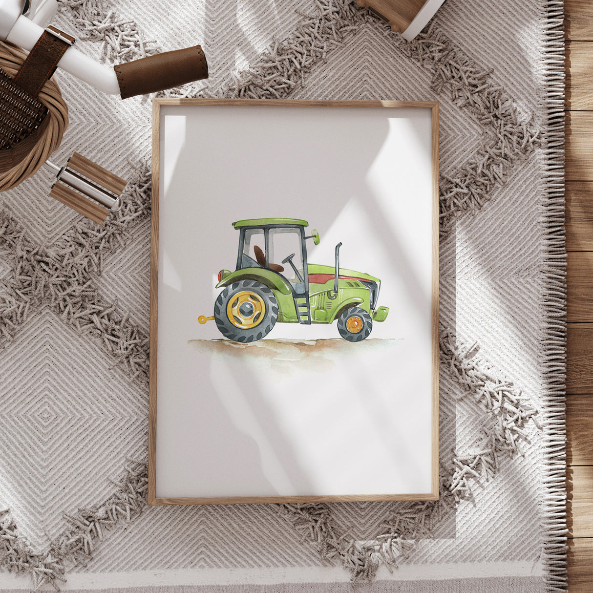 Green Tractor – Watercolor Construction Print for Kids' Rooms