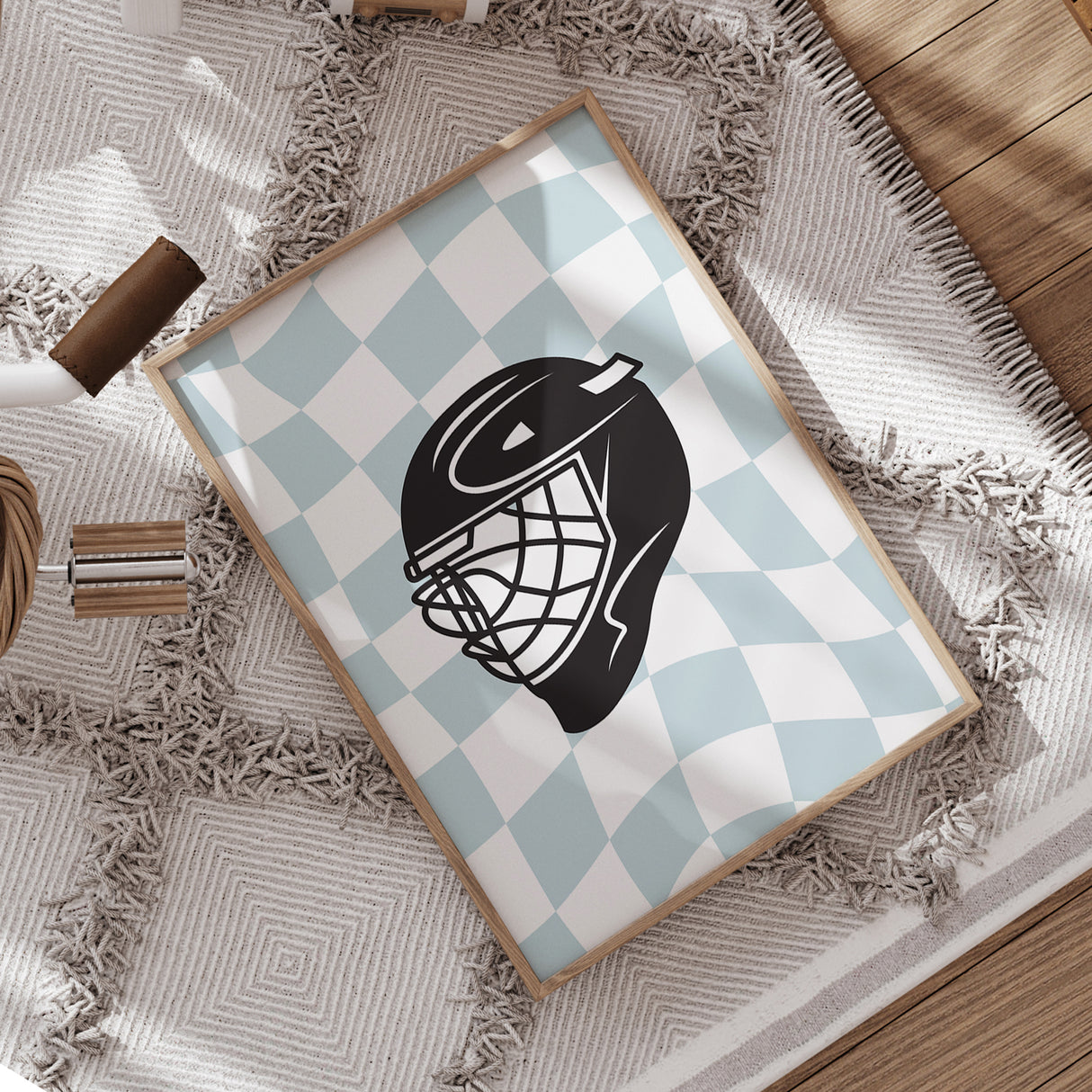 Hockey Helmet Wall Art – Ice Blue Checkered Background