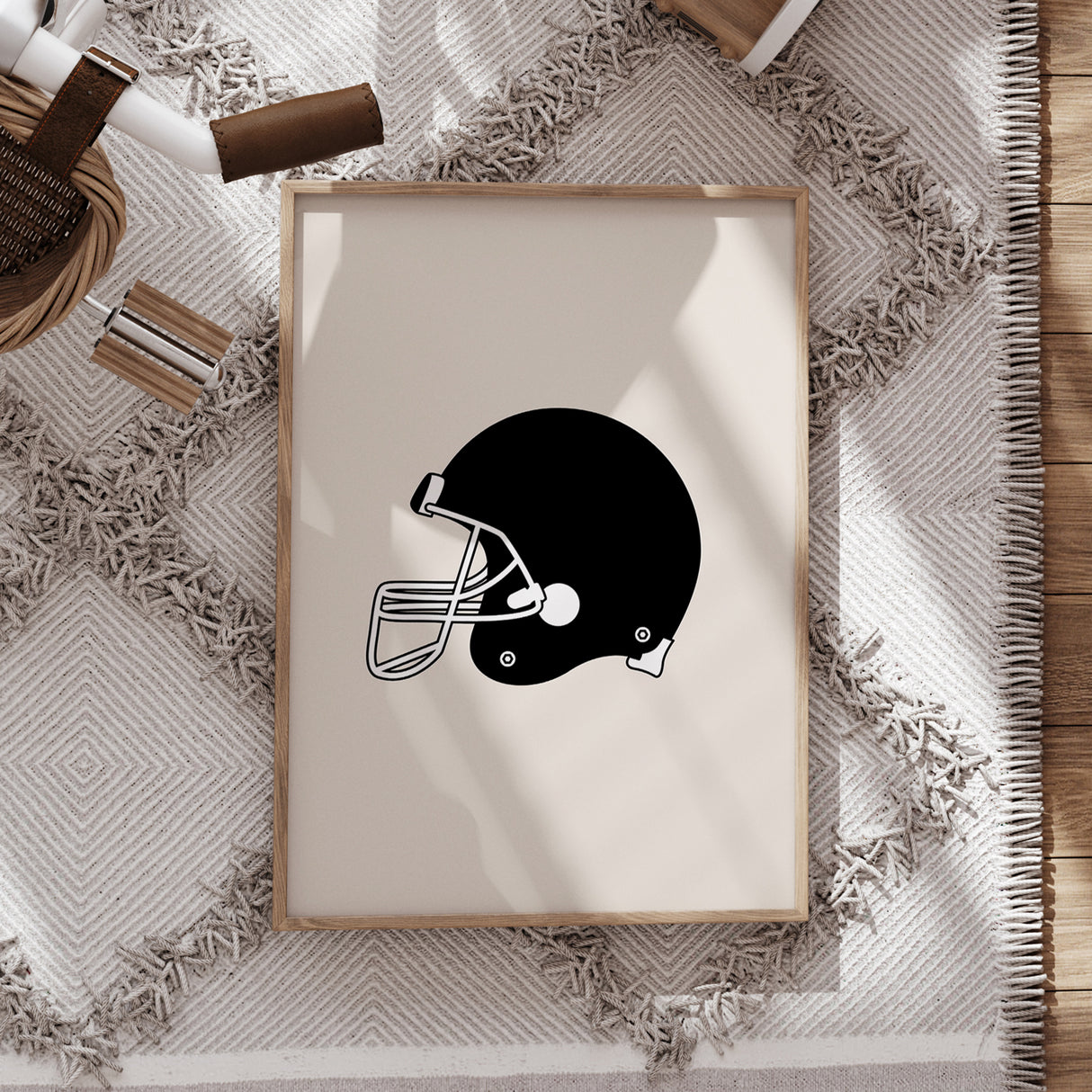 Minimalist Football Helmet Wall Art – Beige Background