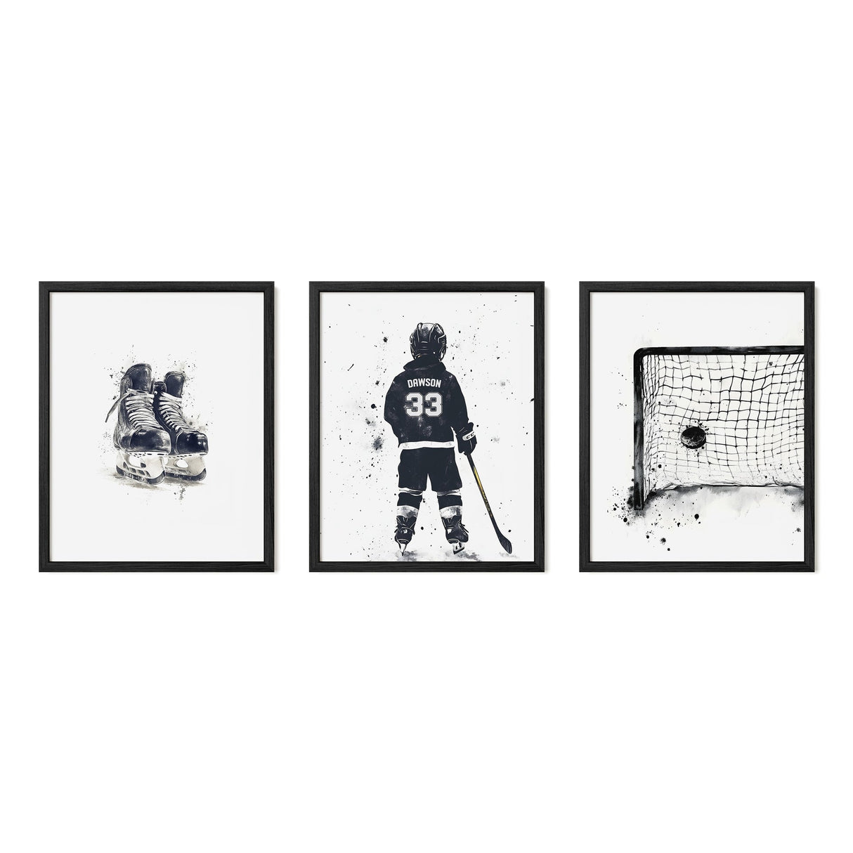 Hockey Wall Art Set – Custom Jersey, Skates & Goal Print - threeowlsnook