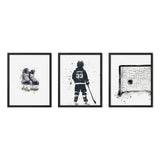 Hockey Wall Art Set – Custom Jersey, Skates & Goal Print - threeowlsnook