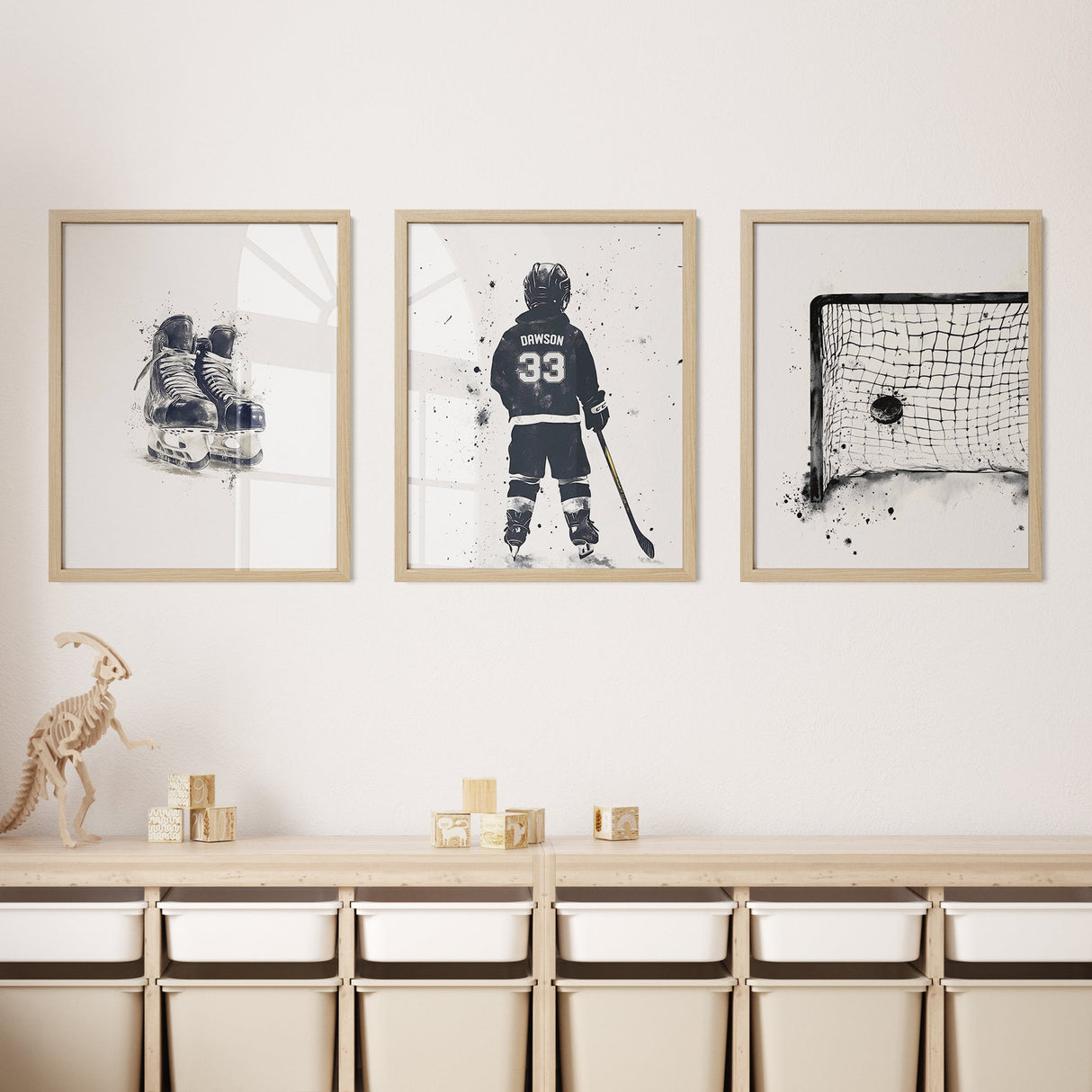 Hockey Wall Art Set – Custom Jersey, Skates & Goal Print - threeowlsnook