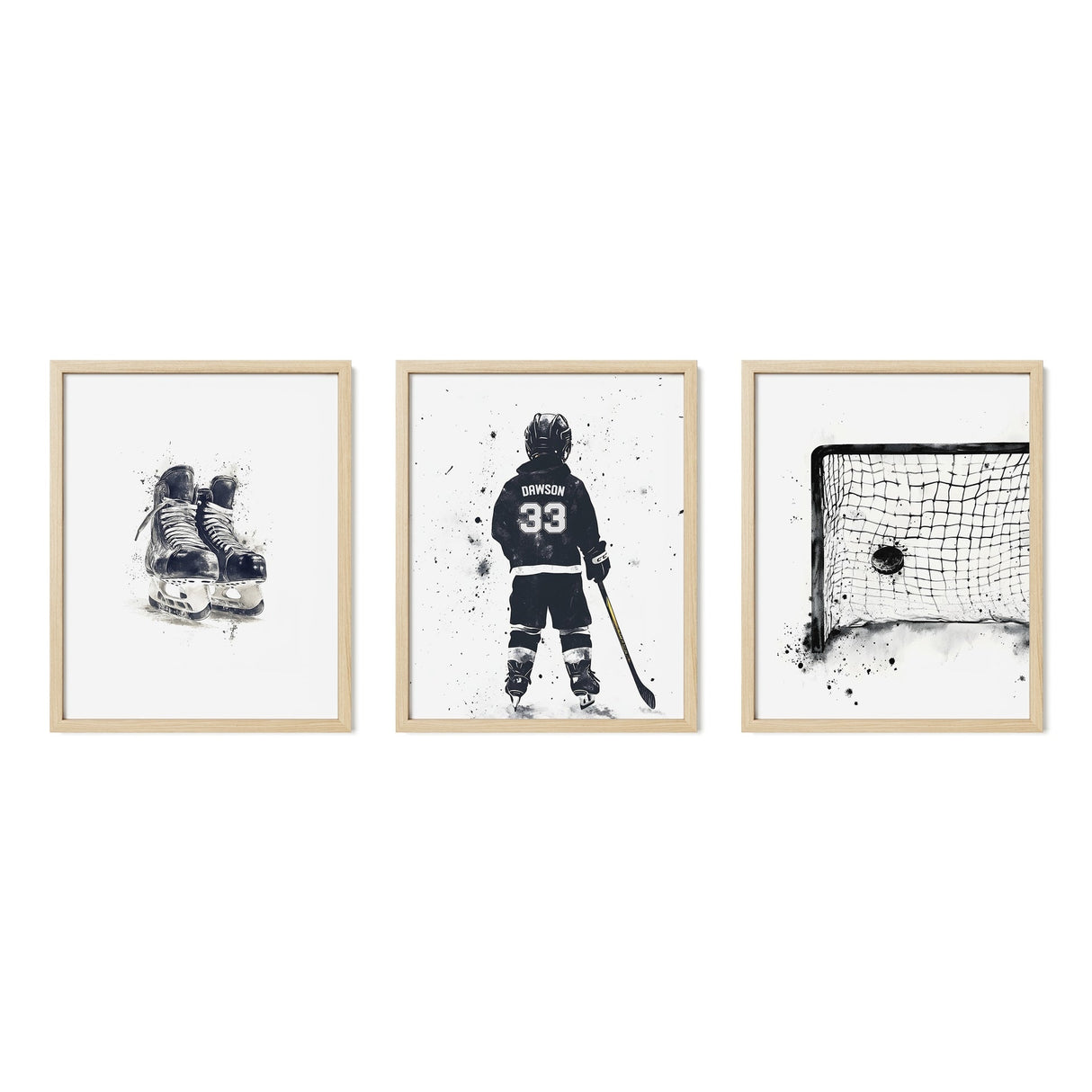 Hockey Wall Art Set – Custom Jersey, Skates & Goal Print - threeowlsnook