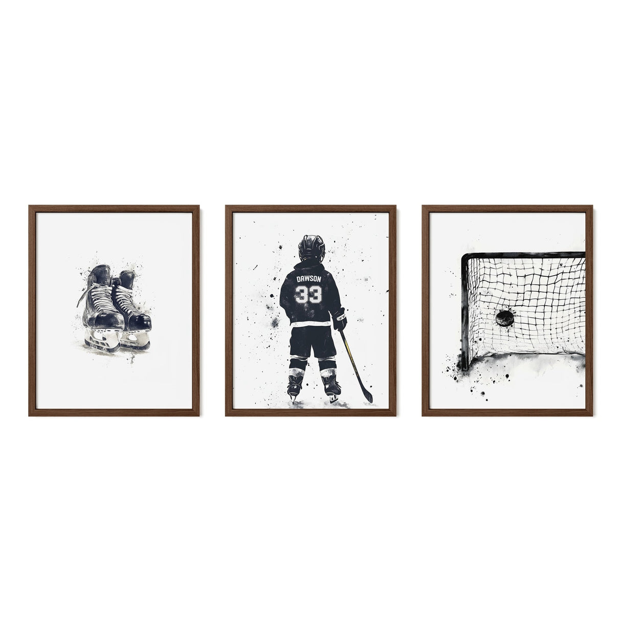Hockey Wall Art Set – Custom Jersey, Skates & Goal Print - threeowlsnook