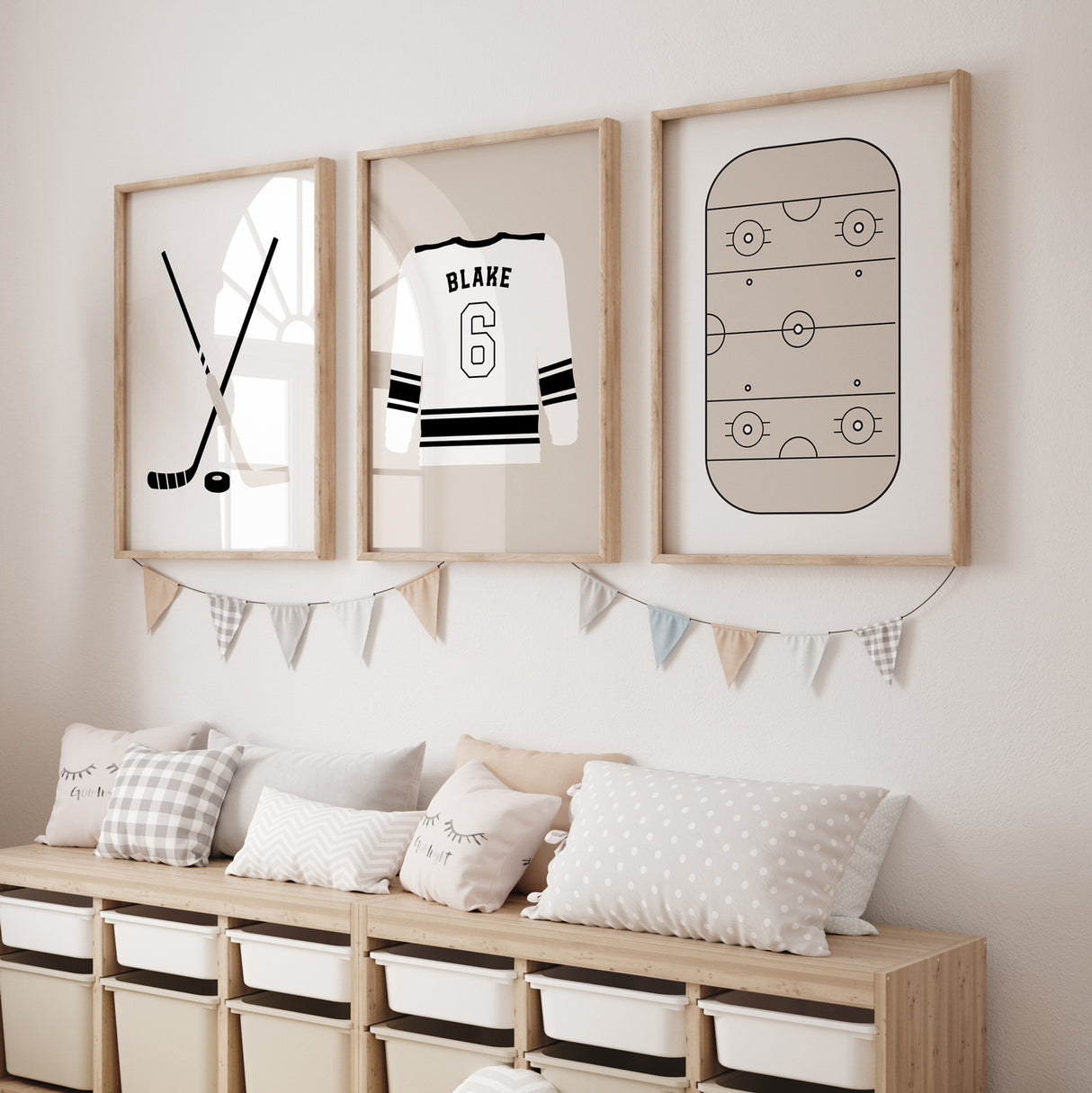 Set of 3 Hockey Wall Art - Personalized Jersey, Sticks, and Rink