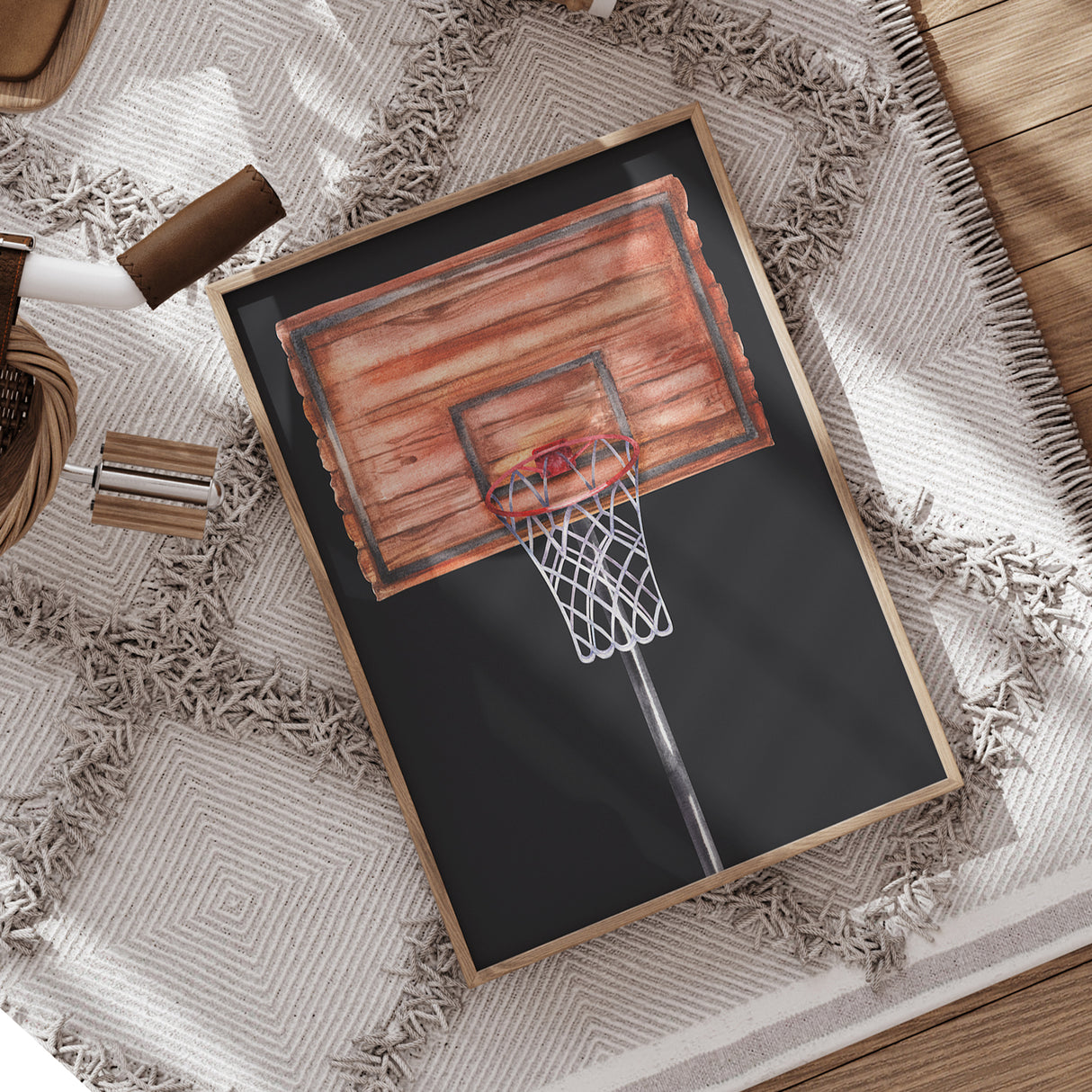 Watercolor Basketball Hoop Wall Art – Rustic Backboard on Faded Black