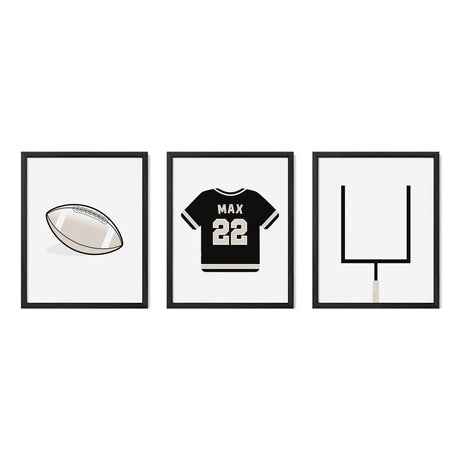 Minimalist Football Wall Art – Custom Jersey, Ball & Goal Post Print Set - threeowlsnook