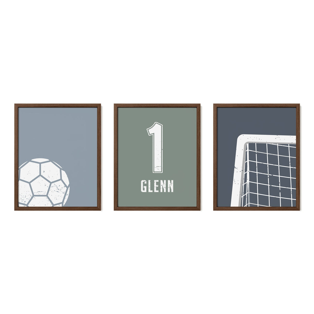 Minimalist Soccer Wall Art Set – Custom Jersey, Ball & Goal Prints - threeowlsnook